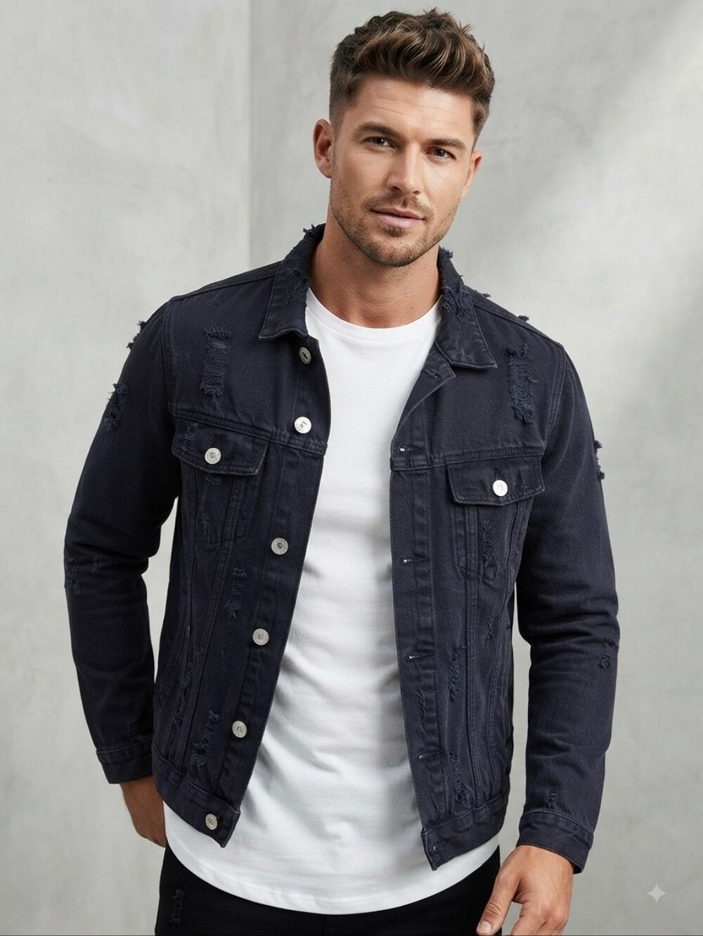 Mr. Completely Distressed Fitted Black Denim Jacket Men's Size Small
